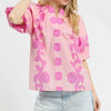 Umgee Floral Smocked Notched Puff Sleeve Blouse - PINK