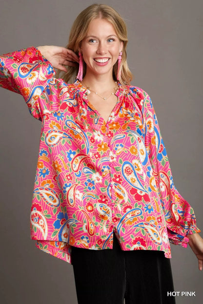 Umgee Full Size Satin Paisley Ruffle Neck Button-Up Shirt Plus Size - Farnelli