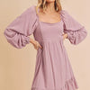 Aemi + Co Ruffled Hem Square Neck Balloon Sleeve Mini Dress - Moonlit Mauve