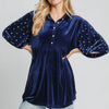 Umgee Pearl Detail Collared Neck Velvet Babydoll Blouse - Navy