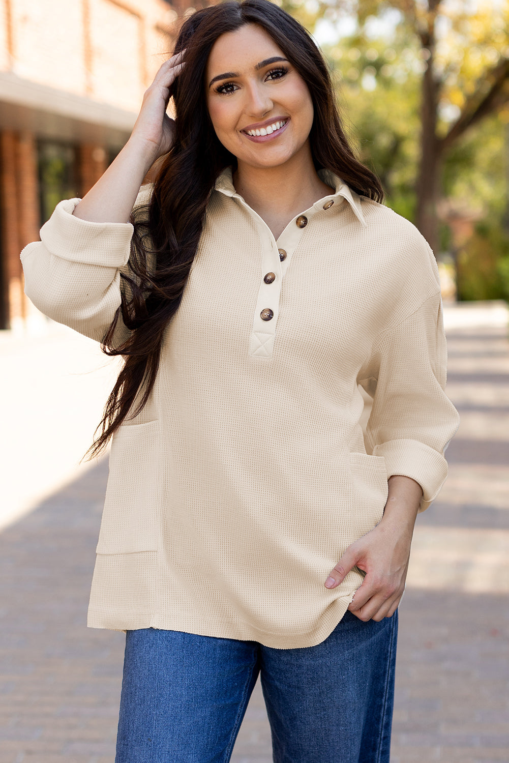 Arianna Waffle  Half Button Top. - Farnelli