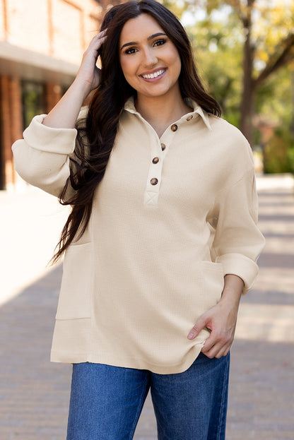 Arianna Waffle  Half Button Top. - Farnelli