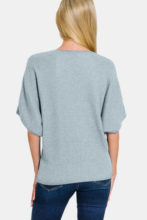 Zenana V-Neck Short Sleeve Dolman Sweater - Farnelli
