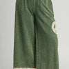 Umgee Full Size Peace Lace Applique Mineral Wash Wide Leg Pants Plus Size - Moss