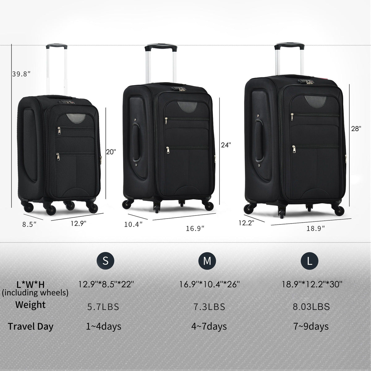 HouseOfZazla expandable softside luggage 3-piece set with spinner wheels in multiple colors
