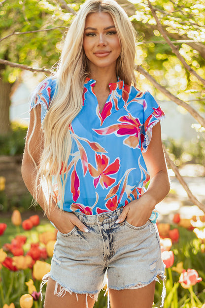 Vada Floral Pompom Trim Flutter Sleeve Blouse - Farnelli