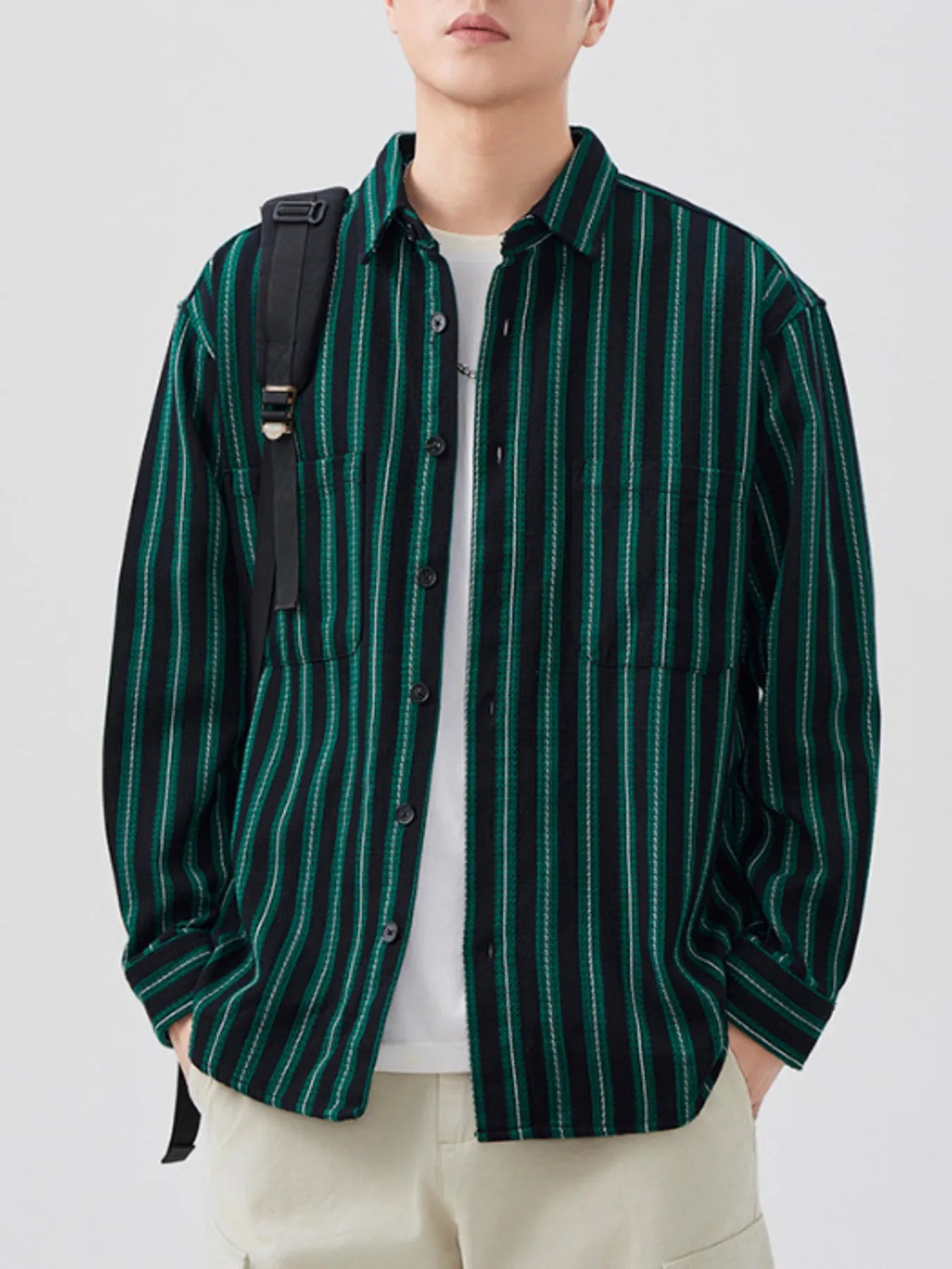 Men's Plus Size Striped Button Up Long Sleeve Shirt - Farnelli