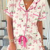 Printed Button Up Short Sleeve Top and Shorts Lounge Set - Hot Pink