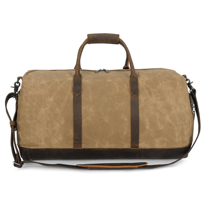 Double Oak Essentials weekender travel bag with leather handles and spacious main compartment, suitable for short trips and travel.