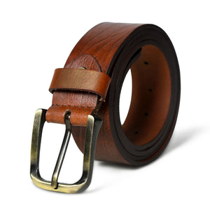 Vibrant brown leather belt with pin buckle from Classy Leather Bags, showing close-up of the textured strap and polished buckle.