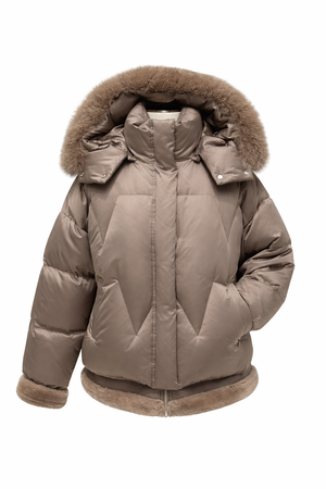 Alaska® Outerwear Company genuine polar fox down fill coat parka with hood, insulated winter outerwear for cold weather.