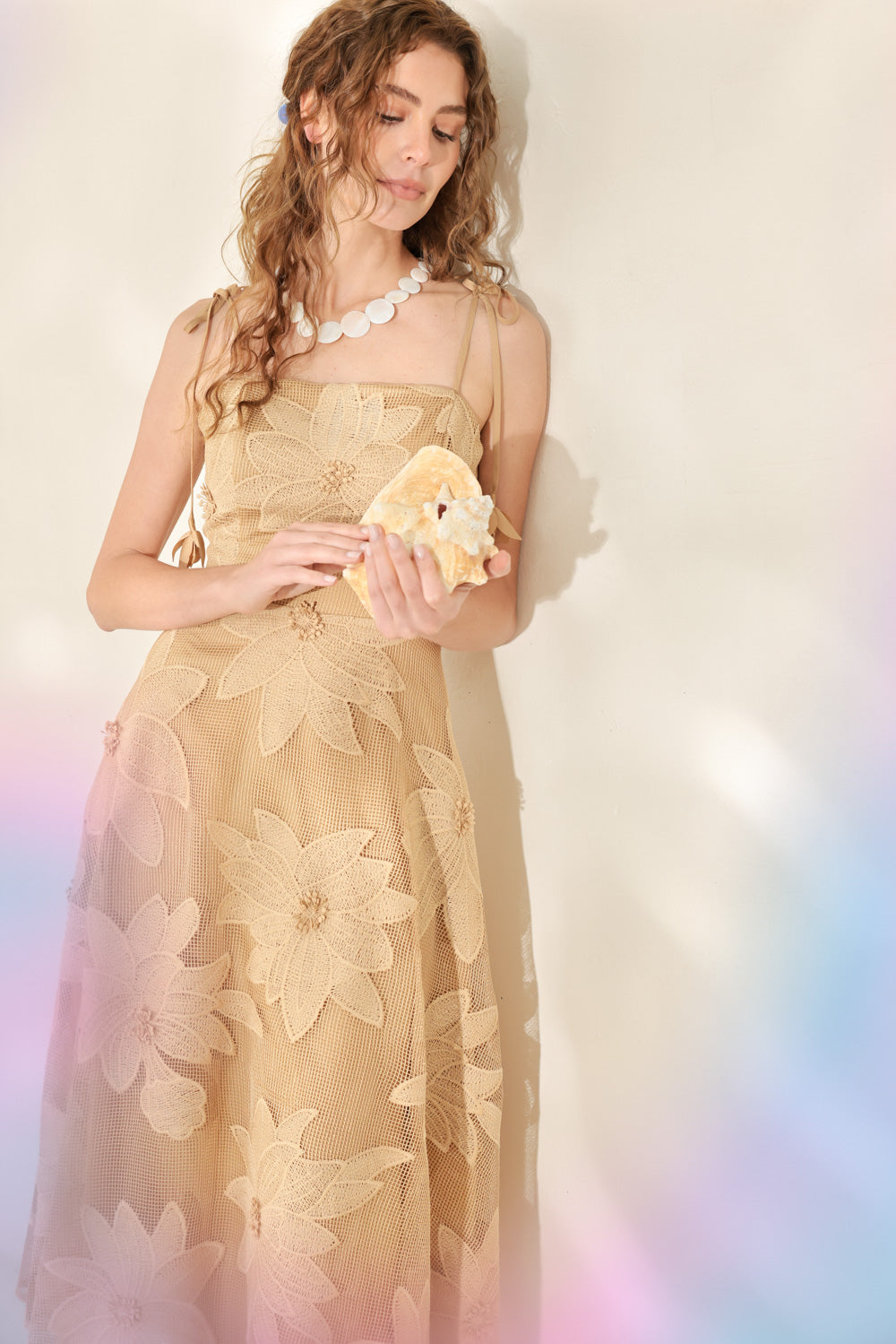 Flying Tomato Sandy Bloom floral woven lace midi dress displayed on a hanger, featuring a delicate lace pattern and flowing silhouette.