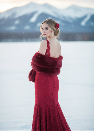 Red Bridal Fur Shawl with Fleece Lining (Audrey Red05)