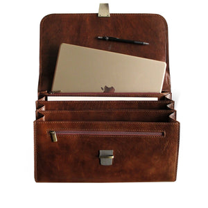 Classy Leather Bags Hopkins Briefcase showing a sleek brown leather design with sturdy handles and a front pocket.