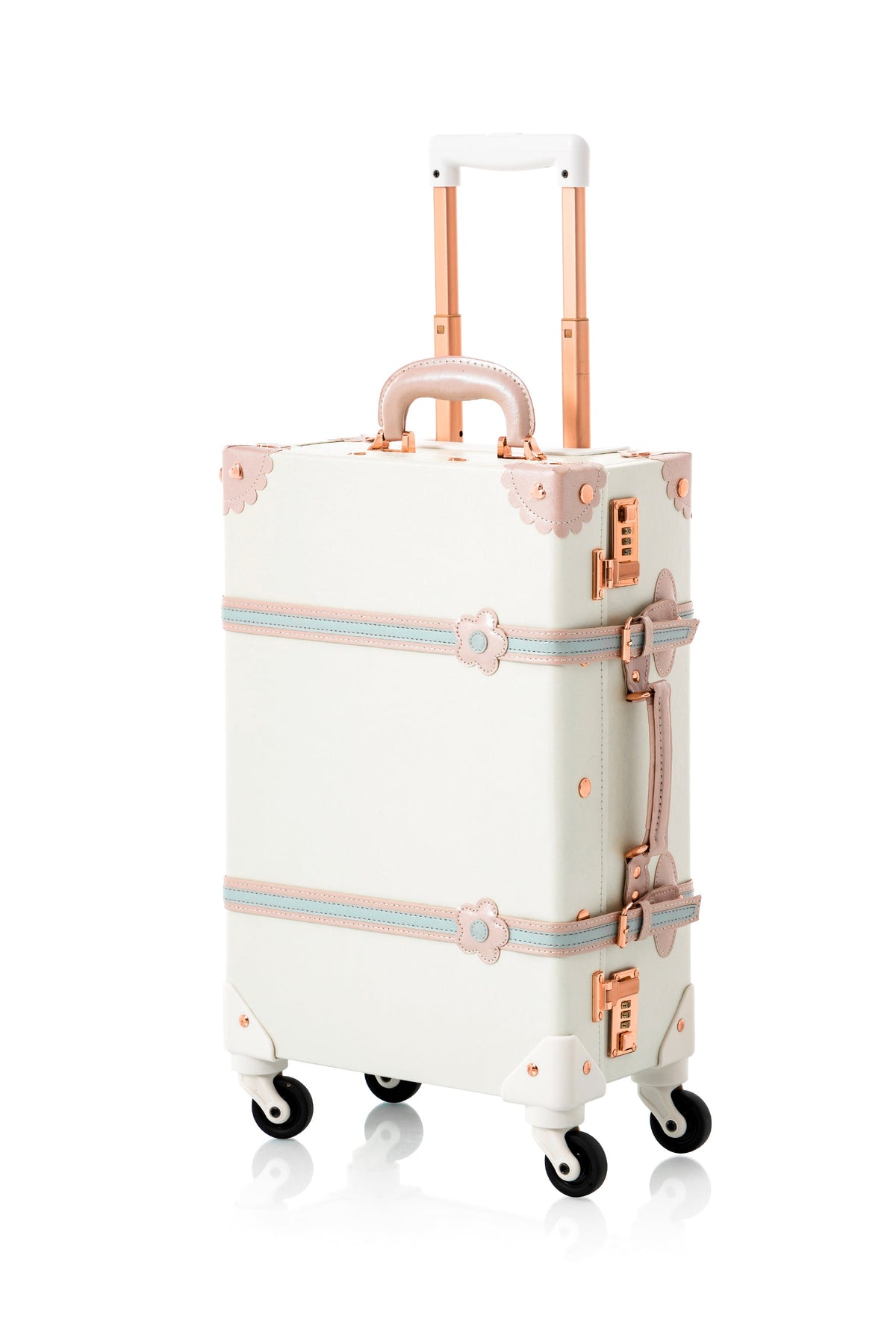 Cream white COTRUNKAGE SarahFace spinner suitcase with four wheels and sleek design, showing the smooth surface and modern handle.