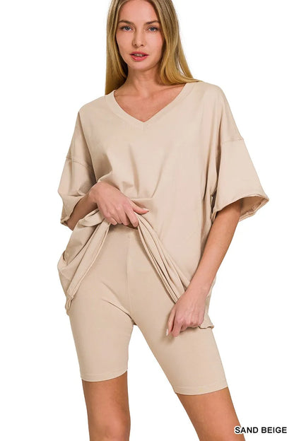 Zenana Cotton V-neck Top & Biker Shorts Set - Farnelli