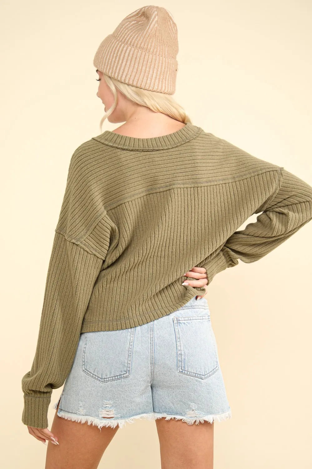 VERY J Exposed Seam V-Neck Ribbed Knit Top - Farnelli