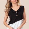 BiBi Color Block Contrast Stitching Buttoned Henley Top - BLACK/OFF WHITE
