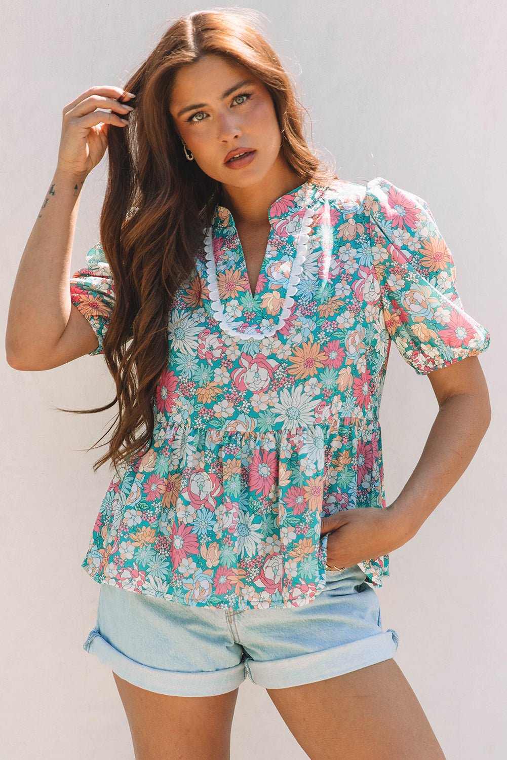 Amaris Notched Neck Puff Short Sleeve Floral Blouse - Farnelli