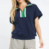 Umgee Textured Striped Zip Collar Knit Top - NAVY