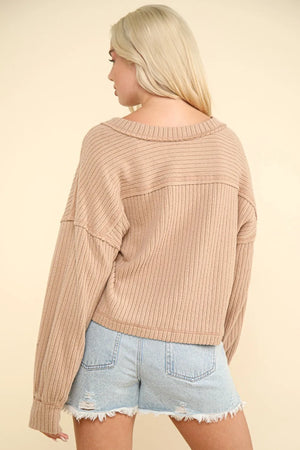 VERY J Exposed Seam V-Neck Ribbed Knit Top - Farnelli