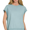 Zenana French Terry Round Neck Cap Sleeve T-Shirt - BLUE GREY