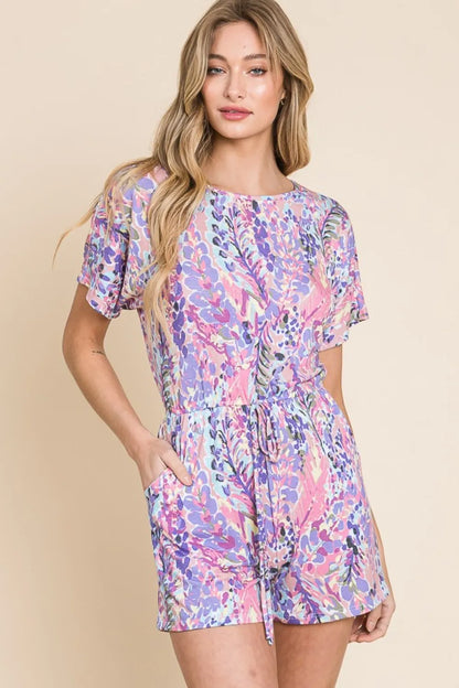 BOMBOM Print Short Sleeve Romper with Pockets - Farnelli