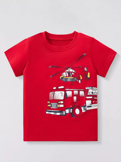 Children's Fire Truck & Helicopter Graphic Short Sleeve T-Shirt - Farnelli