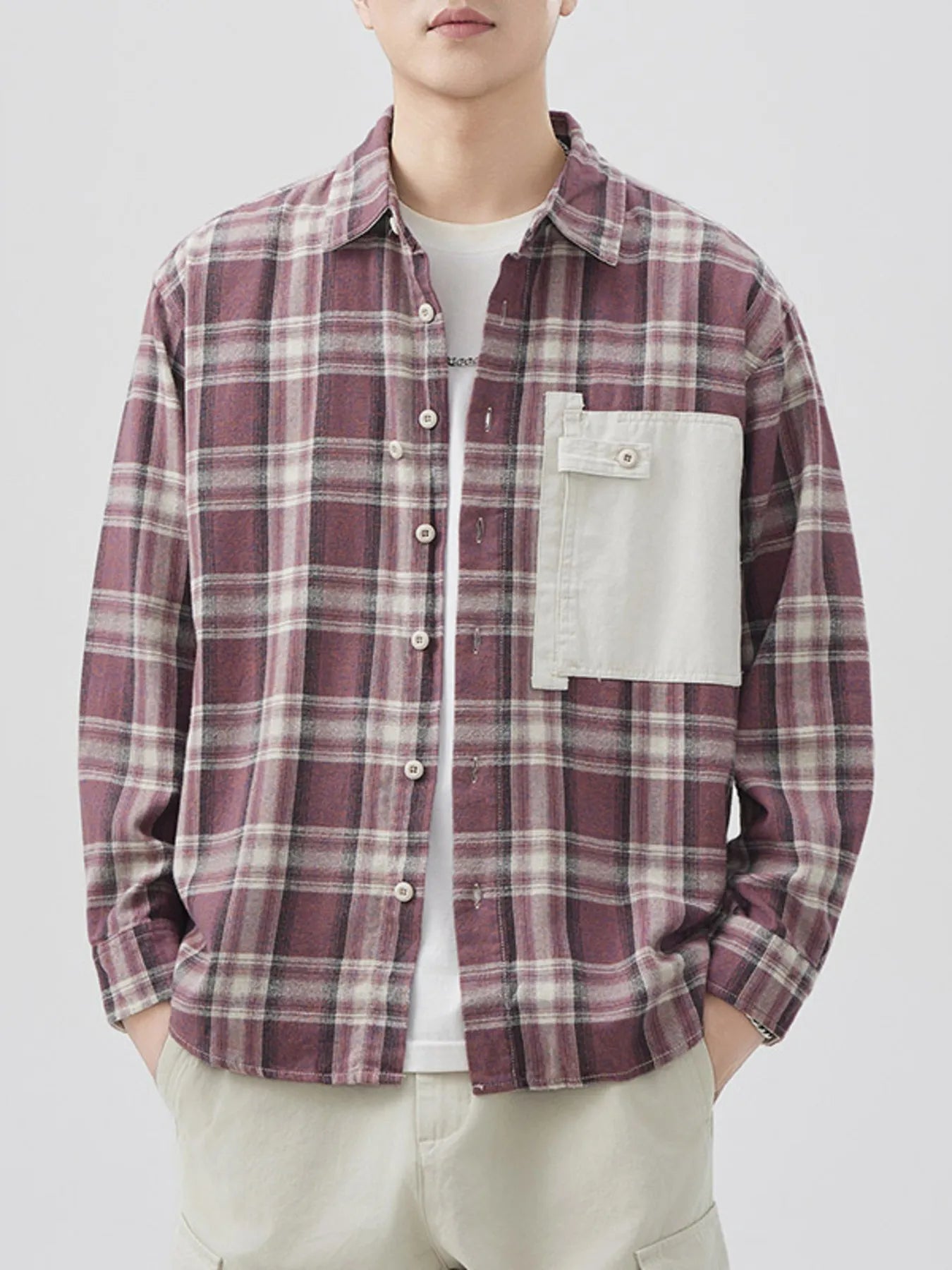 Men's Plus Size Plaid Button Down Shirt with Contrast Pocket - Farnelli