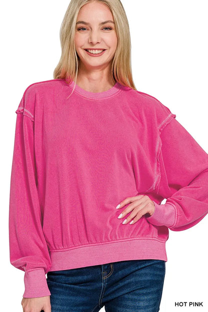 Zenana Soft Fleece Pigment Dye Round Neck Pullover - Farnelli