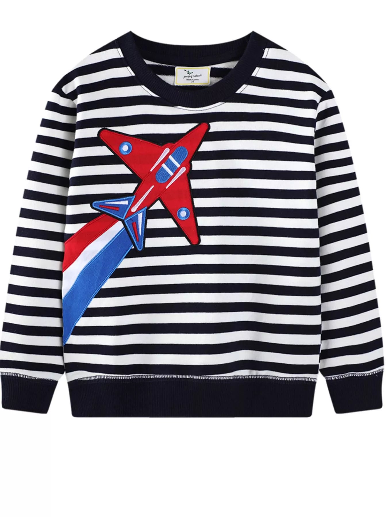 Children's Striped Airplane Applique Crewneck Sweatshirt - Farnelli