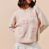 SO ME Embroidered Ribbon Round Neck Sweater - BLUSH