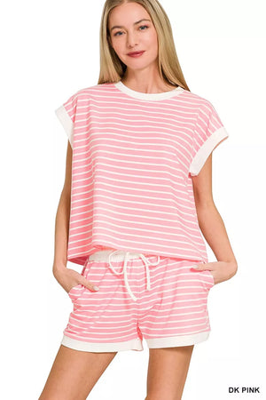 Zenana Stripe Contrast Trim Top & Shorts Set - Farnelli