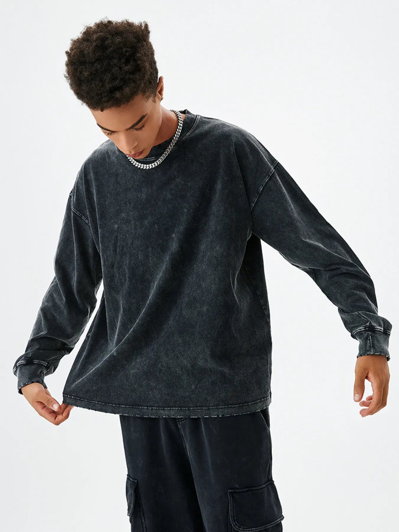Men's Washed Round Neck Dropped Shoulder Sweatshirt - Farnelli