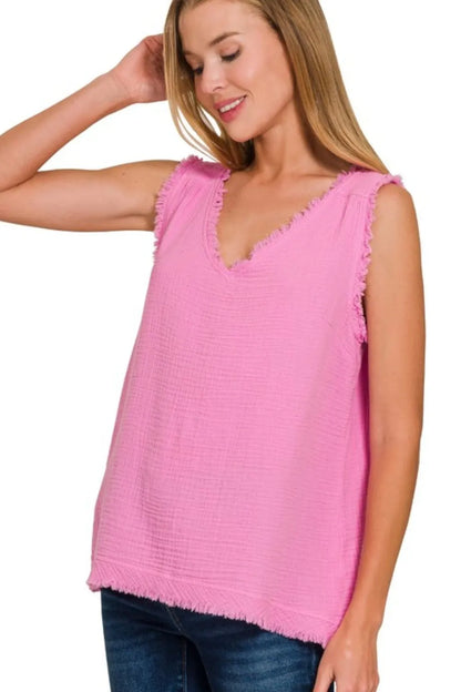 Zenana Double Gauze Raw Edge V-Neck Tank - Farnelli