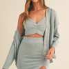MABLE 3 Pieces Sweater Set with Crop Cami, Mini Skirt, Cardigan - Blue