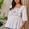 Davi & Dani Texture Tie Back Floral Embroidery Frill Blouse - WHITE