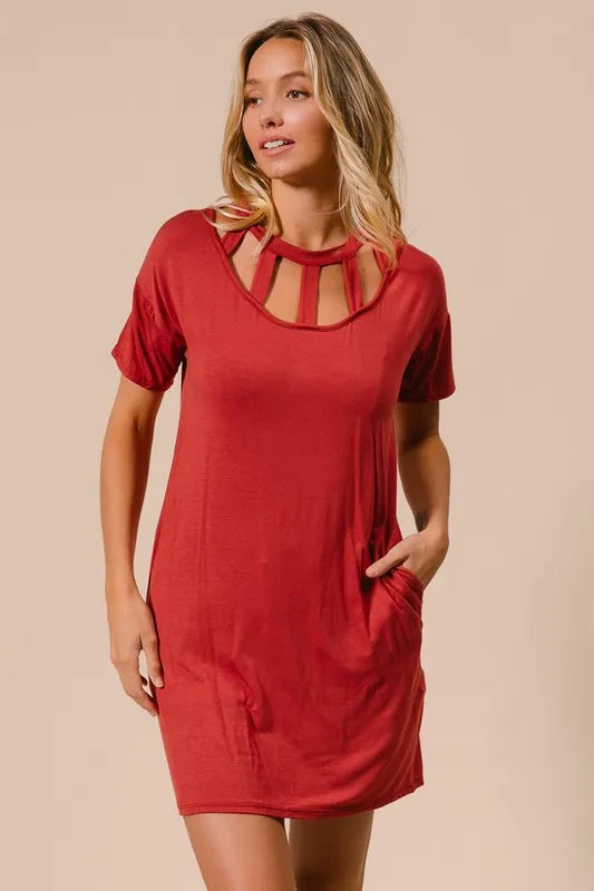 BiBi Front Cutout Mini Tee Dress with Pockets - Farnelli