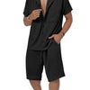 Men's Plus Size Button Up Short Sleeve Shirt and Shorts Set - Black