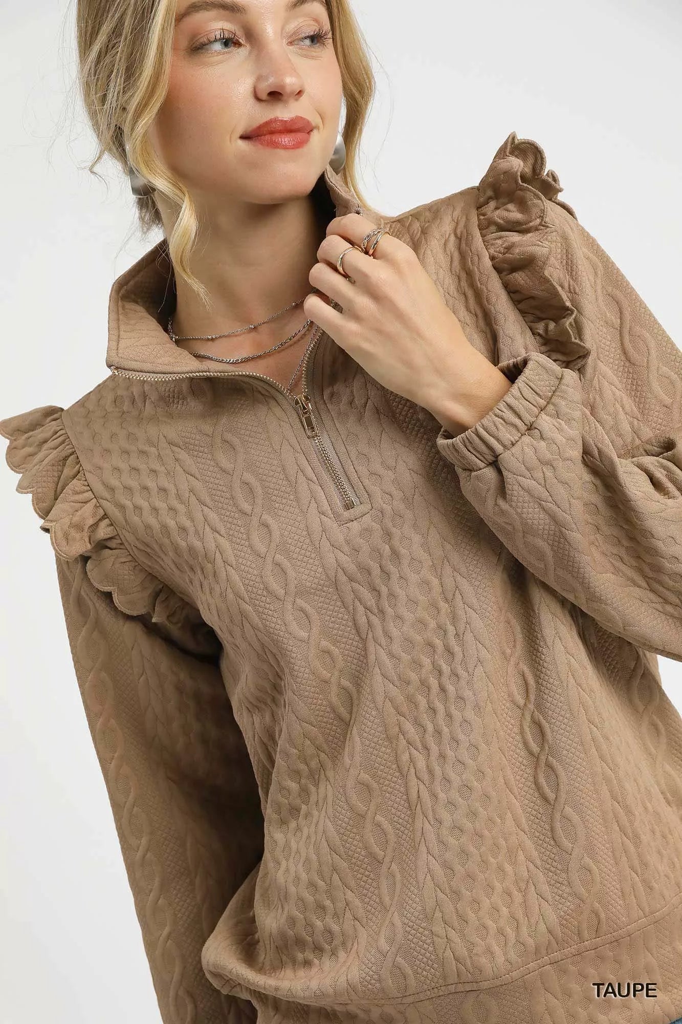 Umgee Cable Knit Textured Pullover with Ruffle Shoulders - Farnelli