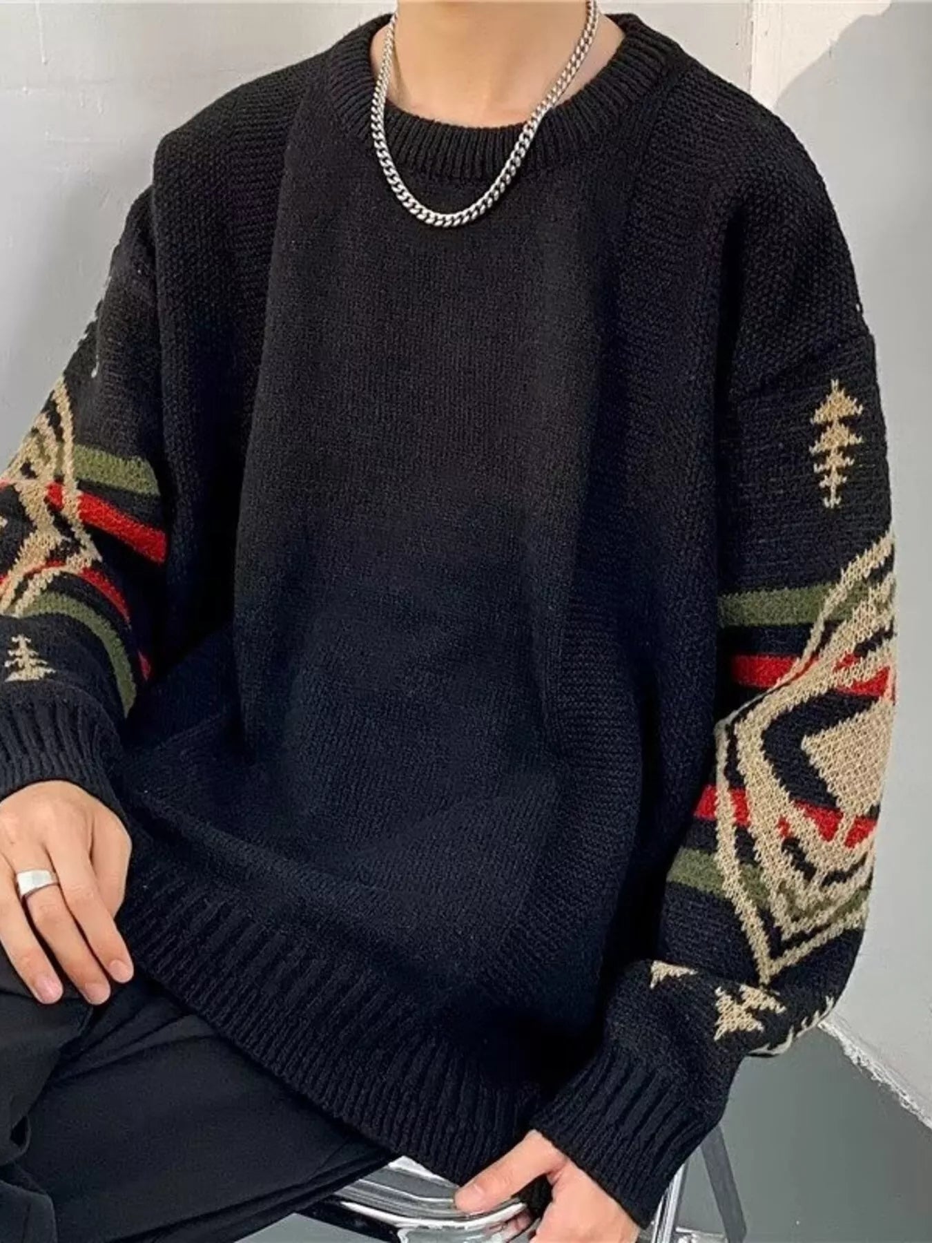 Men's Plus Size Ethnic Pattern Oversized Pullover Sweater - Farnelli