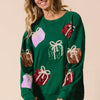 BiBi Sequin Christmas Gift Box Embroideries Pullover - GREEN