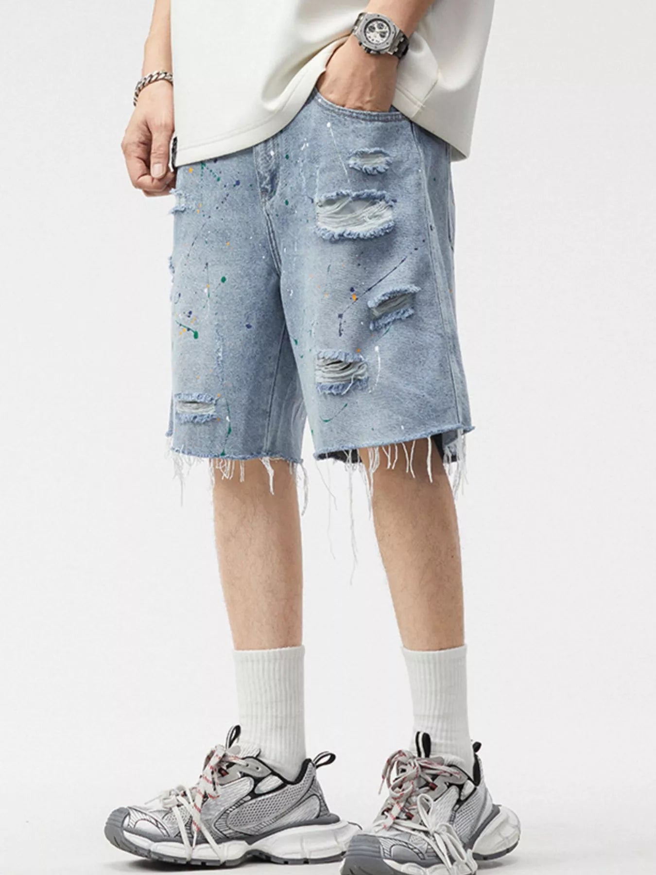 Men's Distressed Paint Splatter Denim Shorts - Farnelli