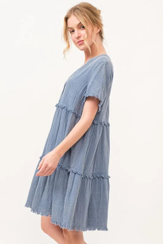 And The Why Washed Frayed Detail Tiered Dress - Farnelli
