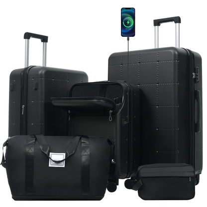 HouseOfZazla black 5-piece hardside luggage set with USB port and TSA lock