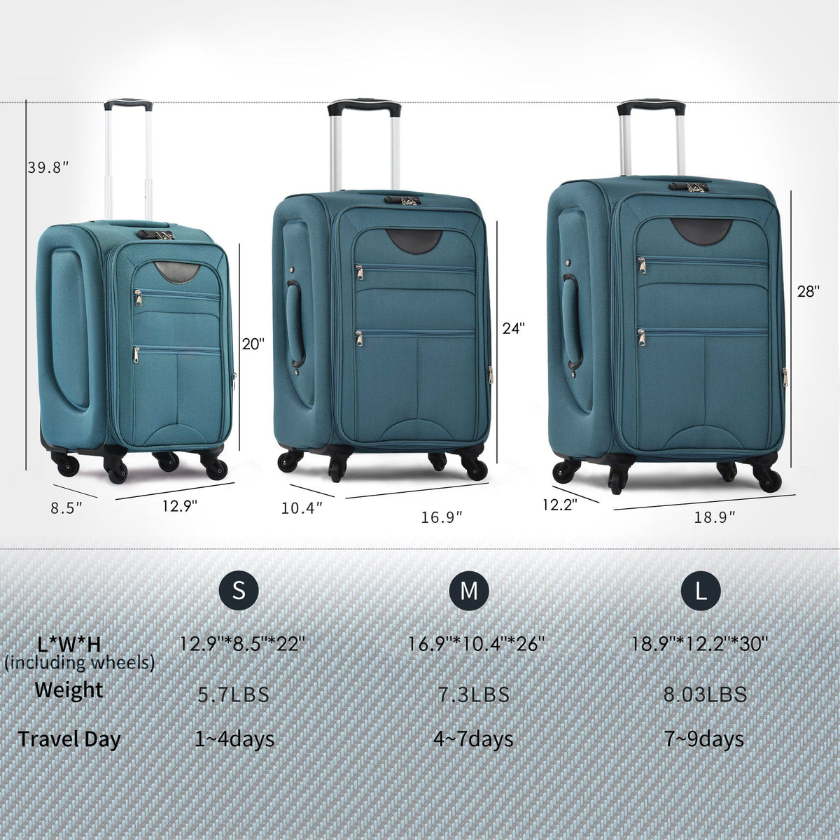 HouseOfZazla expandable softside luggage 3-piece set with spinner wheels in multiple colors