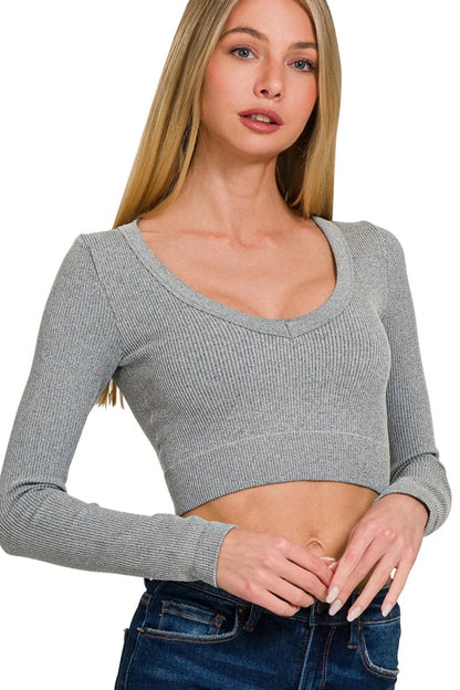 Zenana Seamless Fitted Rib V-neck Long Sleeve Crop Top - Farnelli