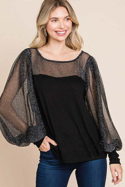 Super Lady Full Size Metallic Mesh Lantern Sleeve Blouse - Farnelli