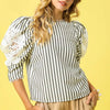 Umgee Striped Lace Puff Sleeve Blouse - Black