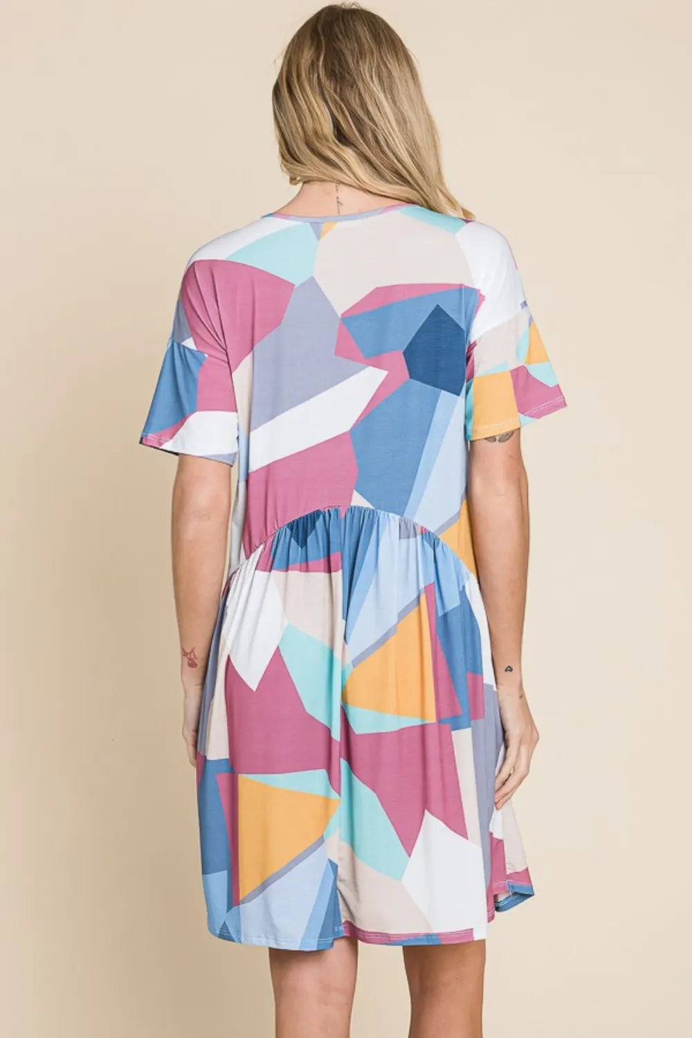 BOMBOM Ruched Color Block Short Sleeve Dress - Farnelli